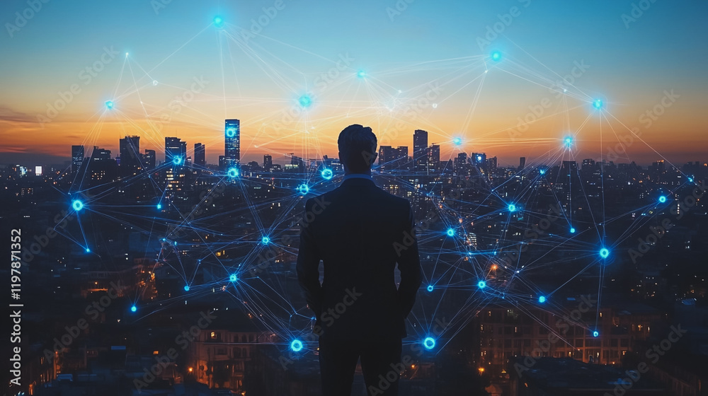 Fototapeta premium abstract, business, team, stands, peak, success, Abstract business man stands on the peak of success amid tall, innovative Smart city and graphs with statistics to analyze business potential and predi