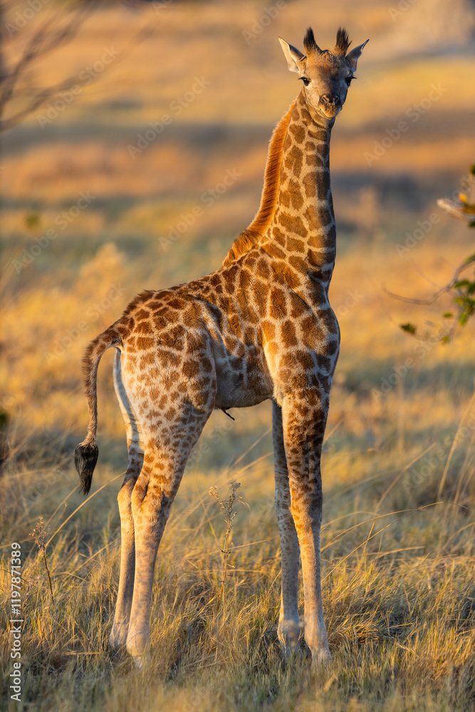 Obraz premium Young giraffe in golden grassland.