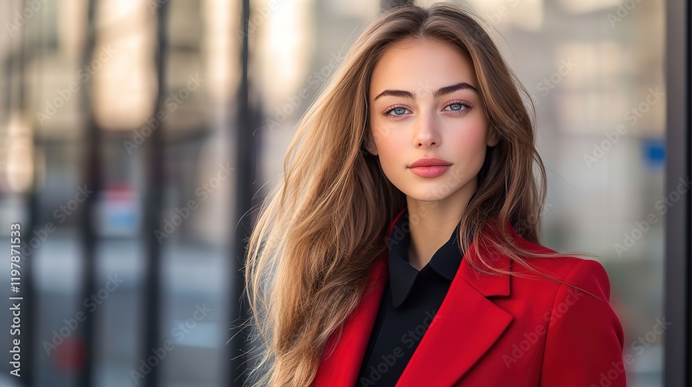 Naklejka premium close up woman face portrait, businesswoman at modern office building 