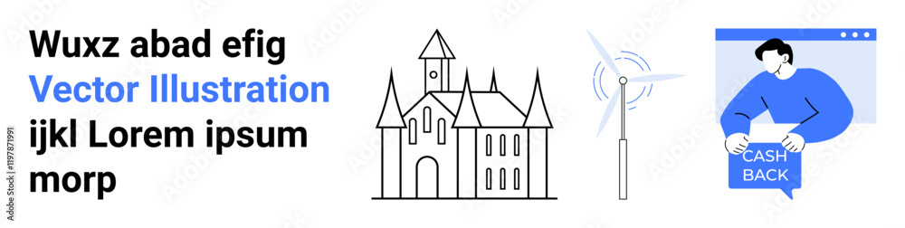 Black castle with spires, single wind turbine with swooshes, blue and white character holding Cash Back. Ideal for website banners, educational content, sustainability promos, financial services
