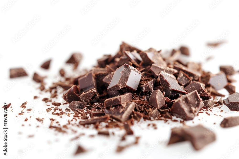 Fototapeta premium Pile of small chocolate crumbs on white background. Image illustrated food for advertisement