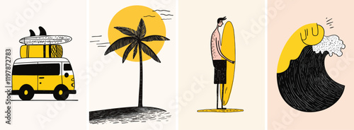 Hand drawn whimsical style summer surfing illustrations