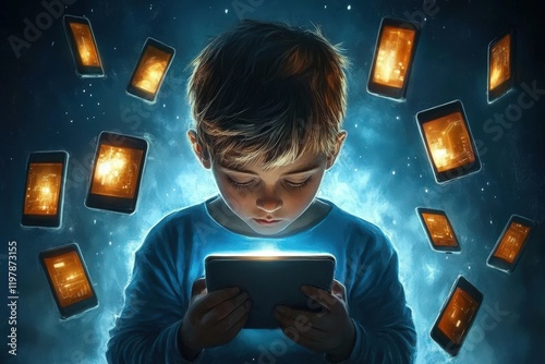 Youth immersed in digital content with devices in view.