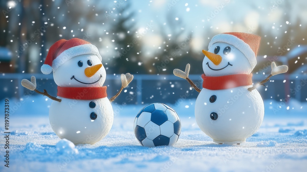 Obraz premium Festive Snowmen Playing Soccer In Winter Snow