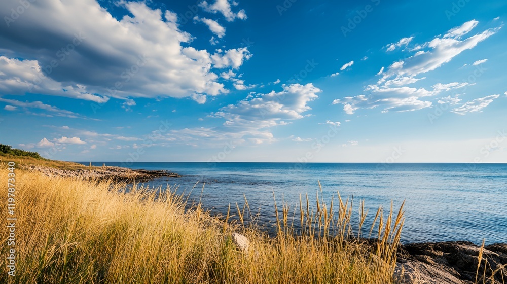 a grassy area next to the ocean under a blue sky with clouds a grassy area next to the ocean under a blue sky with clouds