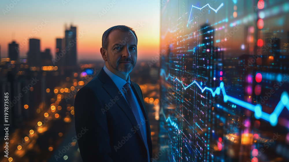 Fototapeta premium abstract, business, team, stands, peak, success, Abstract business man stands on the peak of success amid tall, innovative Smart city and graphs with statistics to analyze business potential and predi