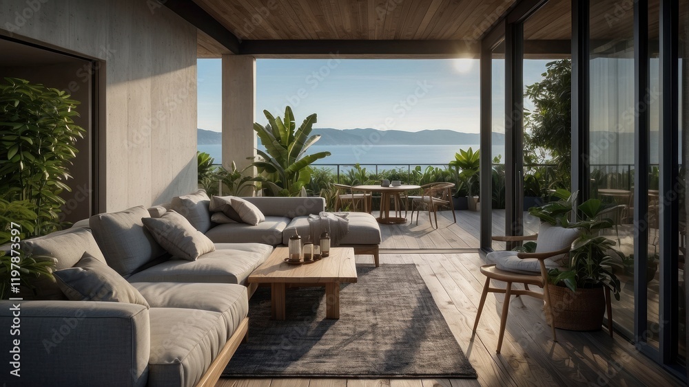 Obraz premium Sunny and beautiful terrace by the sea