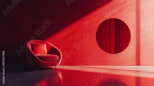 A beautifully designed red room featuring a stylish chair and geometric wall detail, evoking feelings of elegance and modernity in interior design. photo