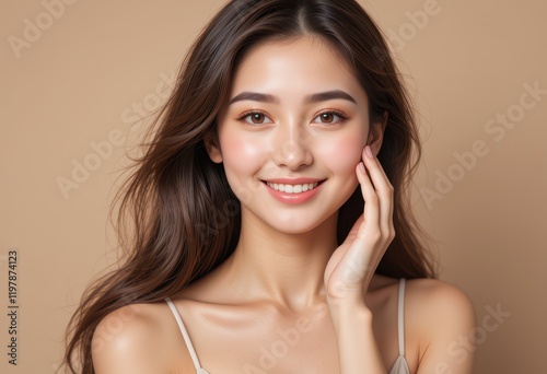 Beautiful young asian woman with clean fresh skin on beige background