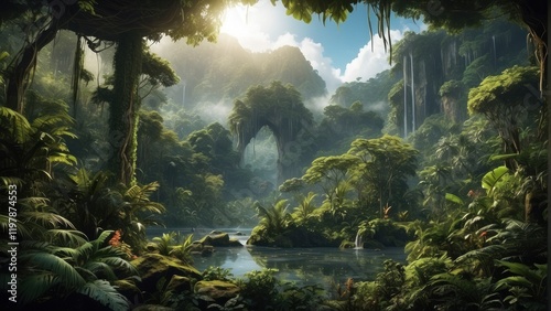 Beautiful rays of sun in exotic forest