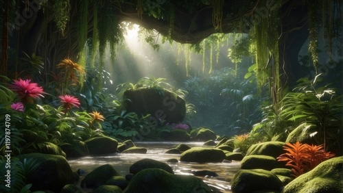 Beautiful rays of sun in exotic forest