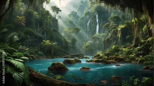 Beautiful rays of sun in exotic forest