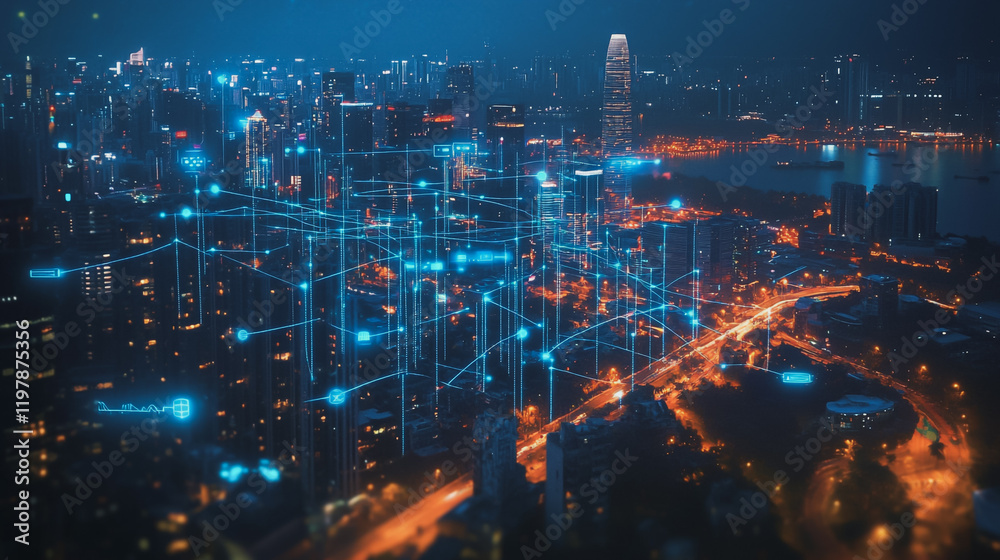 Fototapeta premium Abstract business man stands on the peak of success amid tall, innovative Smart city and graphs with statistics to analyze business potential and predict future developments in company growth.