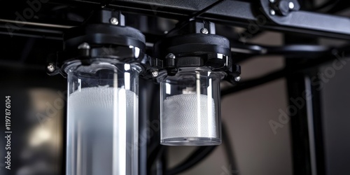 Detailed close-up of a compact water softener and filtration system.