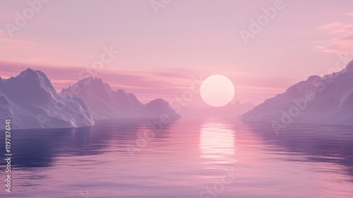 A stunning pink sunset sets the scene over a calm lake, surrounded by majestic mountains, casting a mirror-like reflection upon the tranquil water surface. photo