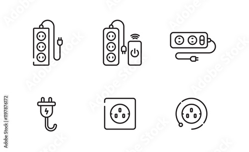 Set of Electricity icon, Electric Plug and Power Strip isolated on white background for app web logo banner poster