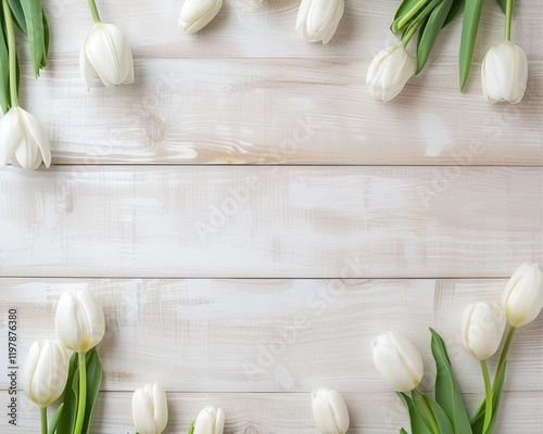Graceful White Tulips on Rustic Planks – A Charming Natural Display