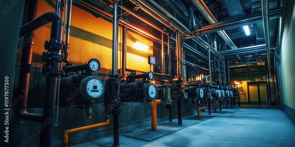 Fototapeta premium Machinery elements including pipes and meters crucial for factory operations.