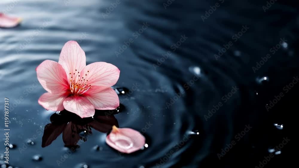 Pink cherry blossom flower floating on dark water surface with ripples. Nature and wellness content