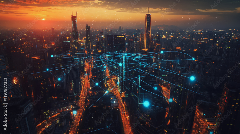 Obraz premium Abstract business man stands on the peak of success amid tall, innovative Smart city and graphs with statistics to analyze business potential and predict future developments in company growth.