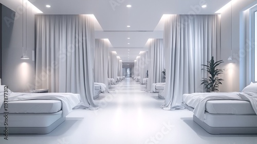 A Hospital Ward With White Curtains and Beds. photo