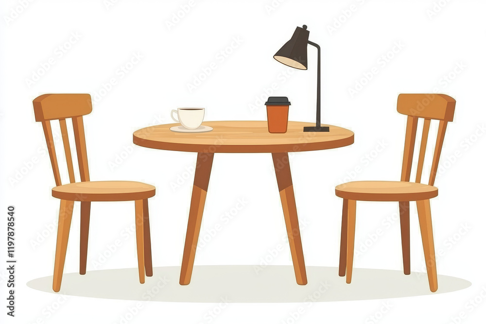 Fototapeta premium Cozy table setting: two wooden chairs, round table, coffee, and a desk lamp.