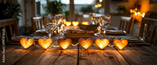 Rusticthemed dinner with heartshaped fairy lights for Valentine's Day photo