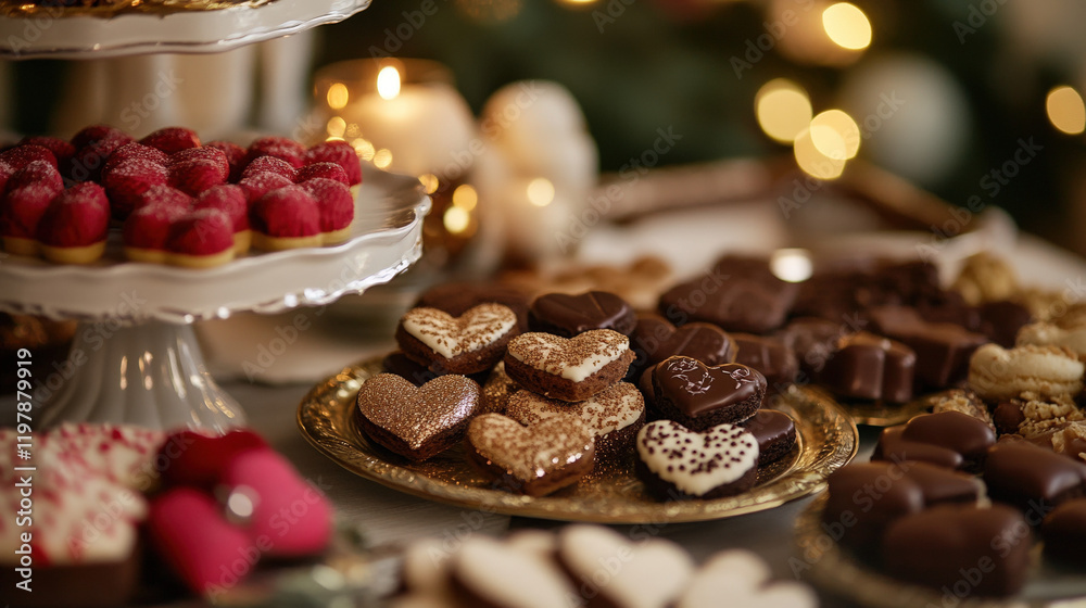Assortment of heart-shaped chocolates and pastries on a festive table setting Assortment of heart-shaped chocolates and pastries on a festive table setting