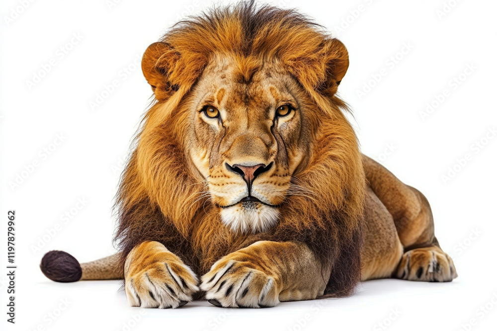 Fototapeta premium Majestic male lion, golden mane, intense gaze, lying down.