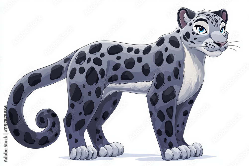 Fototapeta premium Majestic Snow Leopard, Gray Coat, Dark Spots, Curled Tail.
