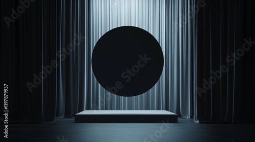 A striking black circle is suspended in front of a stage-like platform surrounded by draping curtains, evoking mystery and surrealism in this abstract composition. photo