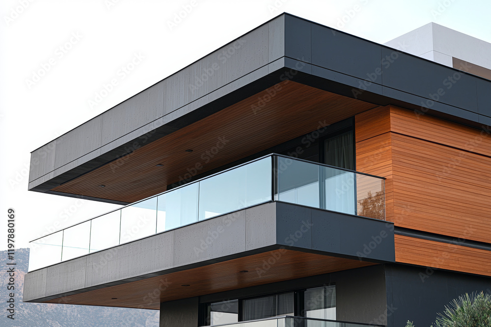 Obraz premium Modern building's glass balcony, dark grey and wood exterior.