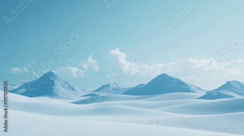 A tranquil snowy landscape with rolling white sand dunes and towering mountains under a clear blue sky, creating a serene and uplifting atmosphere for the viewer. photo