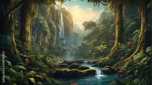 Beautiful rays of sun in exotic forest