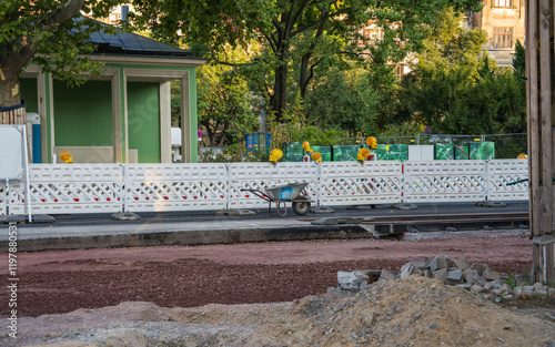 Work process at construction site where the replacement of rails for emergency tracks is being carried out. photo