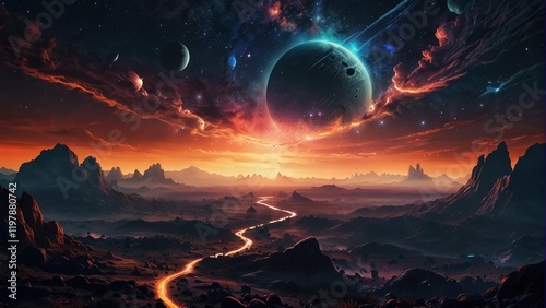 Enchanting landscape of alien planet and space surface
