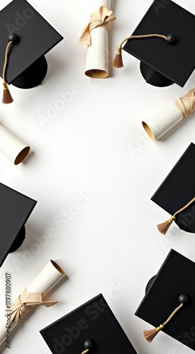 Many graduation hats and diplomas laid out in a circle
