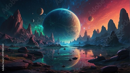 Enchanting landscape of alien planet and space surface