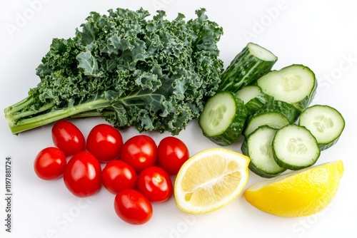 Fresh kale, cucumber, cherry tomatoes and lemon promoting healthy eating
