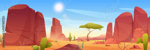 Wild nature of Africa or Arizona. Vector savannah landscape with rock, mountains, cactuses, western gorge, trees and desert. Safari trip. Panoramic background. Mexico hot sand desert. Grand canyon