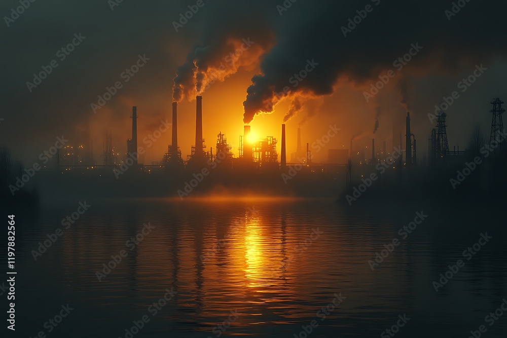 Dark silhouette of industrial factory at sunset with heavy smog over the water Dark silhouette of industrial factory at sunset with heavy smog over the water