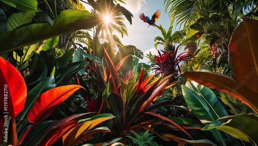 Lush tropical foliage with a colorful parrot flying through the sunlight Lush tropical foliage with a colorful parrot flying through the sunlight