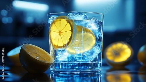 A glowing iced lemon drink with luminous lemon slices suspended in a high-tech transparent glass  photo