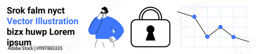 Individual contemplating, lock symbol showcasing security, and decreasing line graph representing data trends. Ideal for security themes, data analysis, business strategies, decision-making