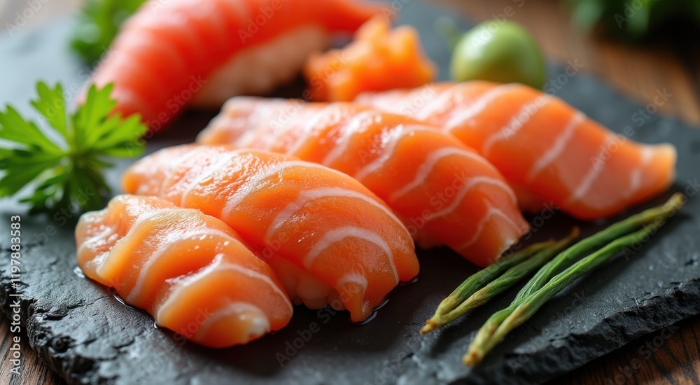 Several pieces of sushi on a slate plate Several pieces of sushi on a slate plate