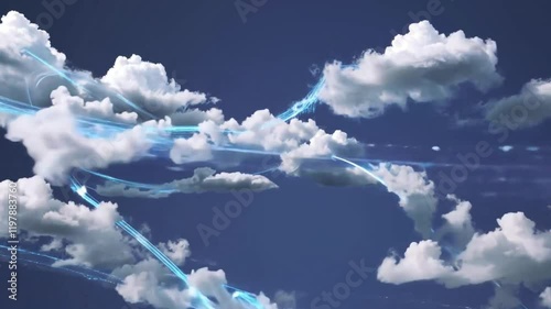 Abstract cloud computing concept, showcasing seamless cloud connections and data transfer, represented through dynamic video footage.