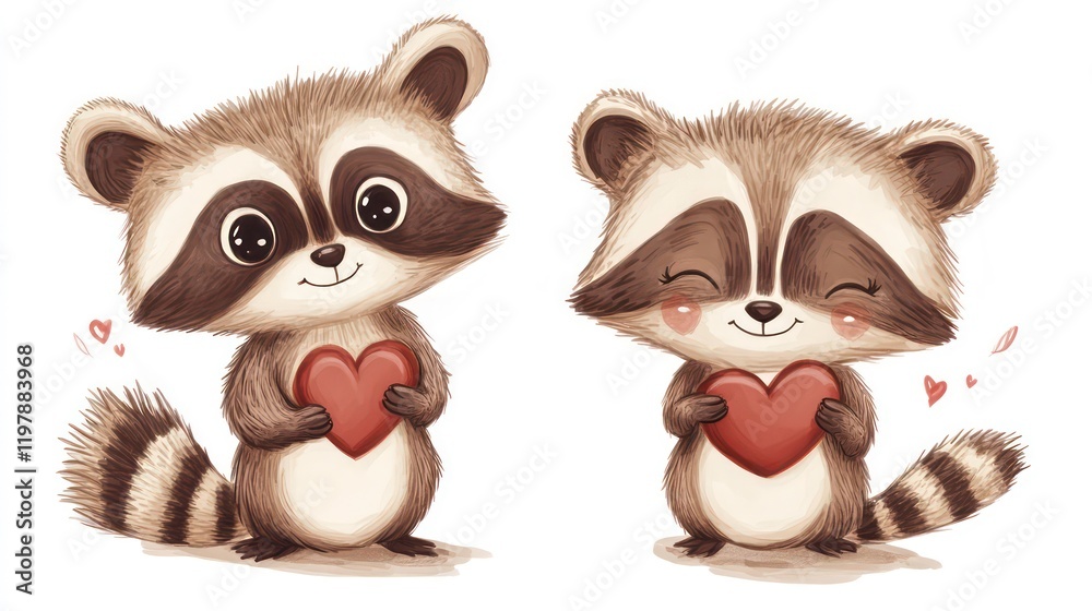 Fototapeta premium Two cute cartoon raccoons holding red hearts.