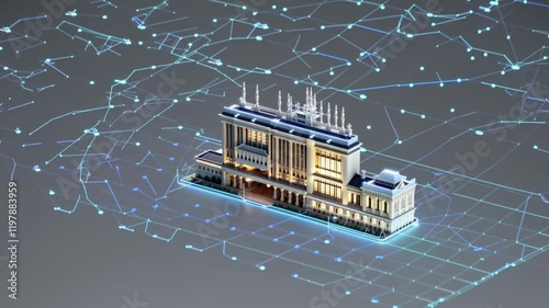 Slow-motion video of a digital representation of a classical bank building glowing within a complex blockchain network, symbolizing modern finance and technology.