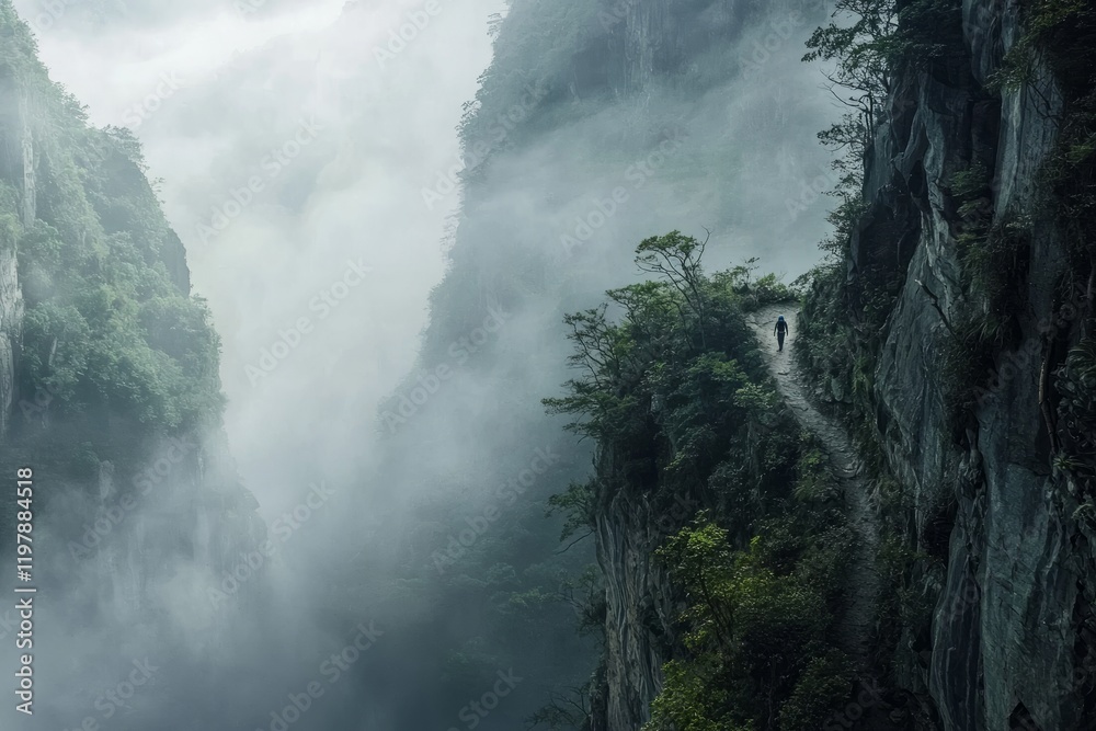 Lone hiker navigating a foggy mountain landscape at dawn. Generative AI Lone hiker navigating a foggy mountain landscape at dawn. Generative AI