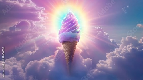 A glowing ice cream cone radiating a rainbow aura in a cloudy dreamscape 